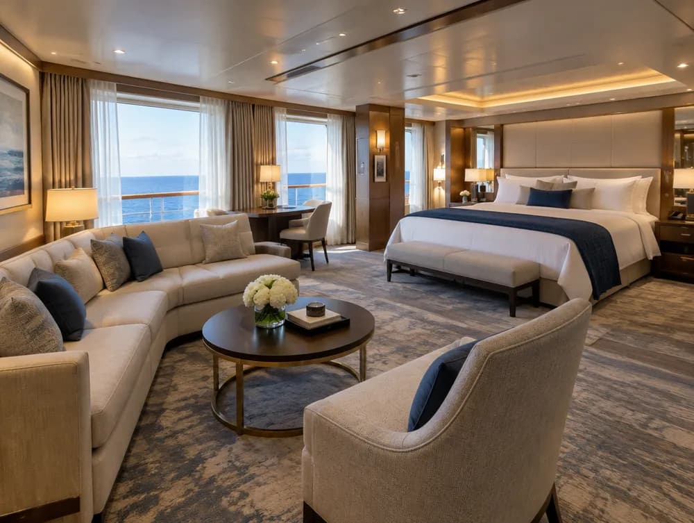 Spacious suite with lounge seating and ocean views
