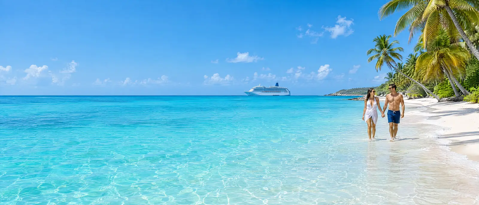 Couple walking along a turquoise lagoon beach lined with palm trees