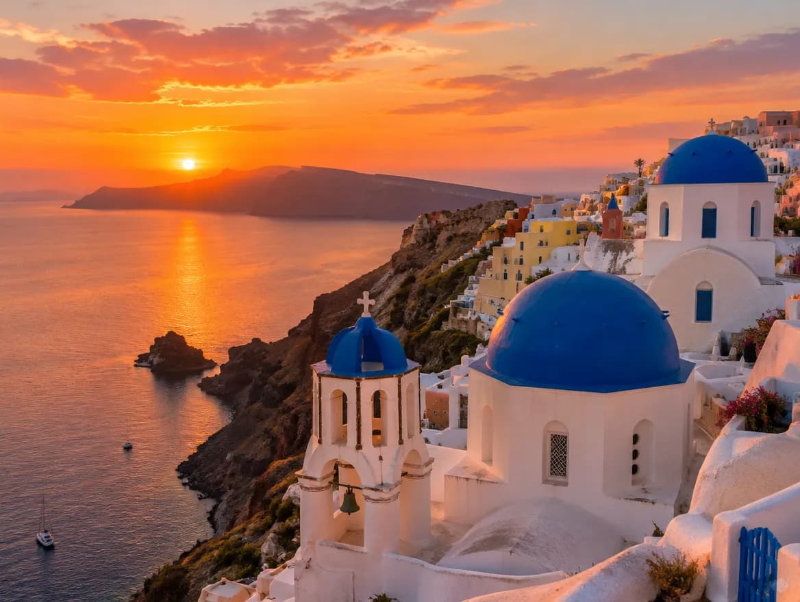 Greek island village with blue domes at sunset