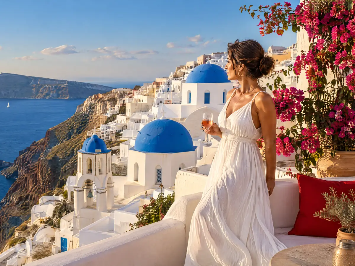 Woman on a bougainvillea terrace above blue-domed churches and the Aegean Sea