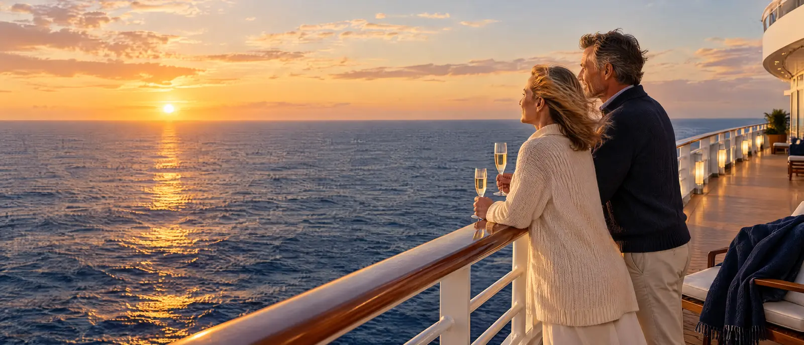 Couple at the ship's rail watching the sun set over the open Atlantic
