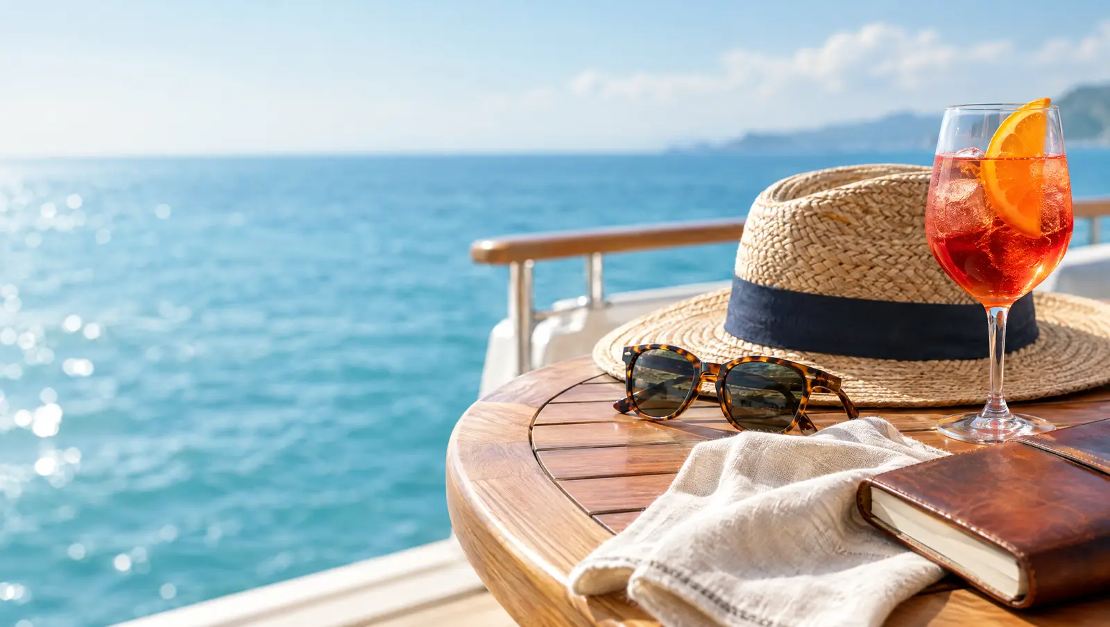 Straw hat, sunglasses, a spritz and a journal on a deck table above the sea