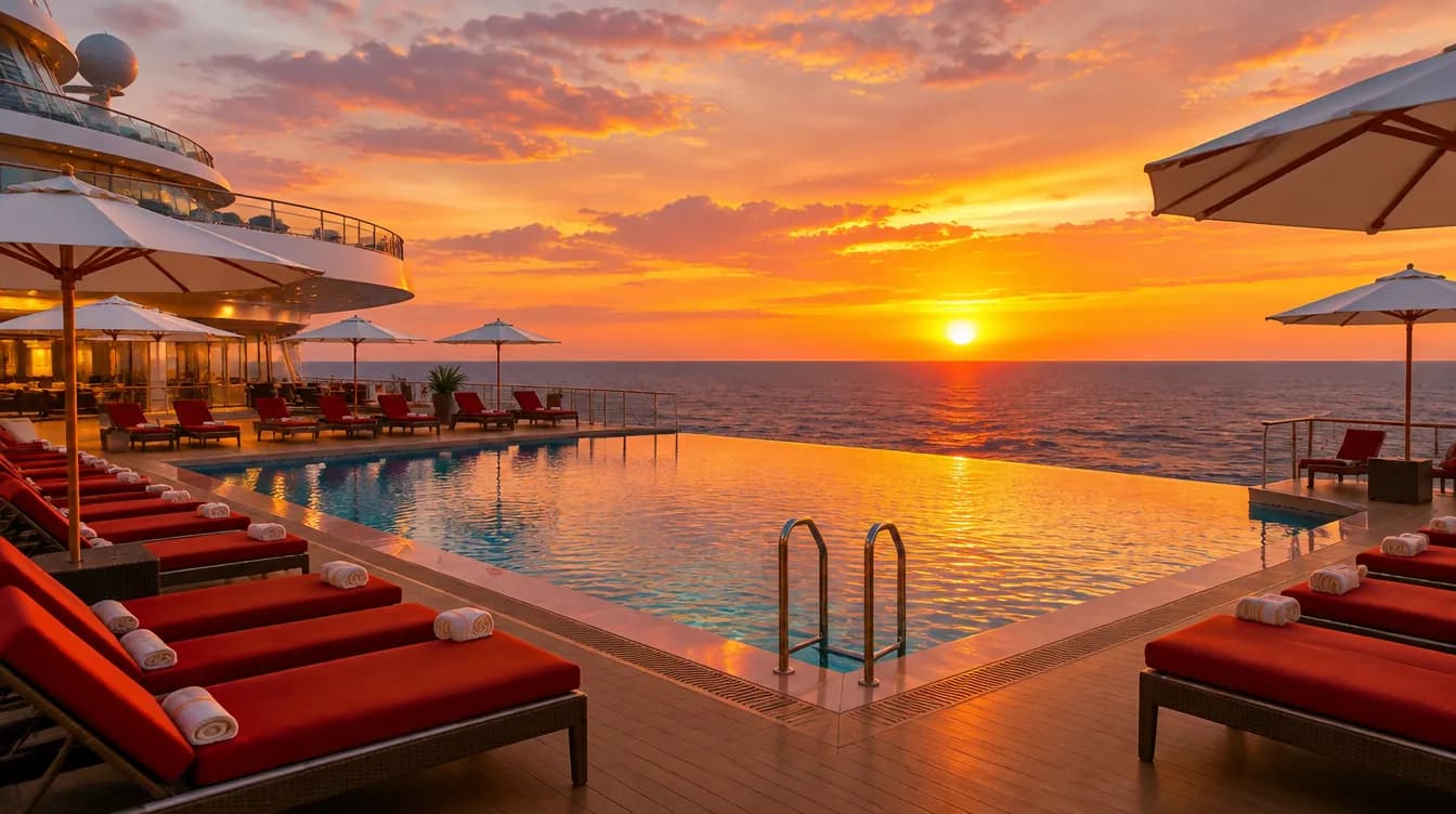Pool deck with red loungers at sunset