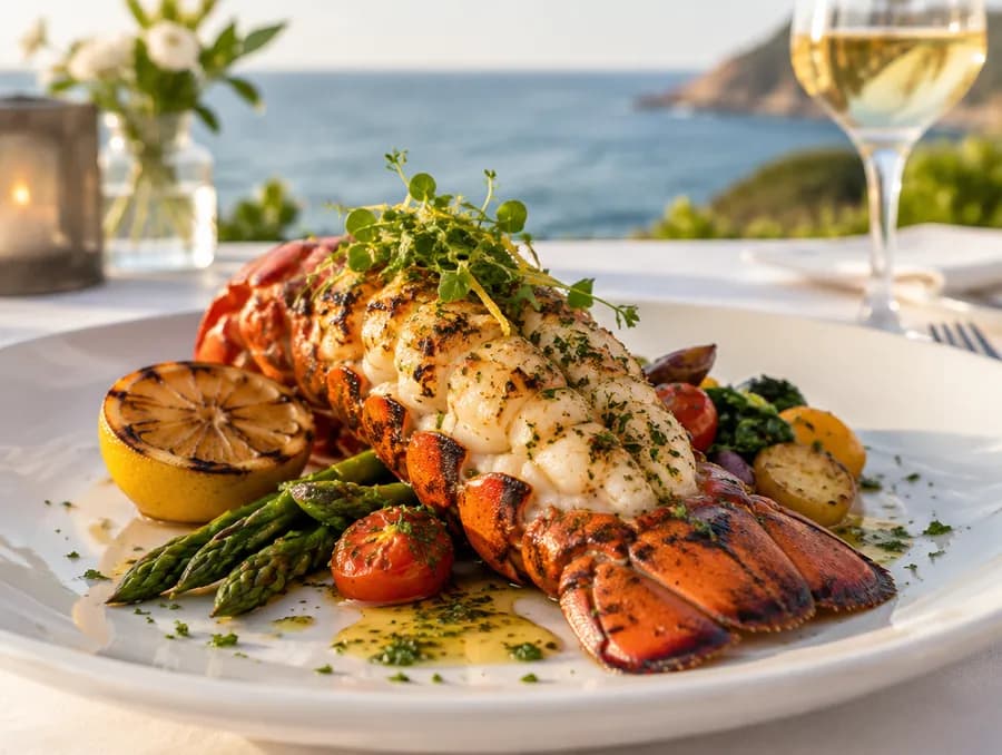 Plated grilled lobster with an ocean view